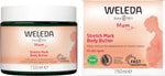 Weleda Stretch Mark Body Butter 150ml tub and box set with pink floral accents and natural ingredients.