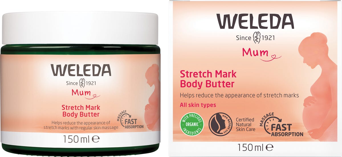 Weleda Stretch Mark Body Butter 150ml tub and box set with pink floral accents and natural ingredients.