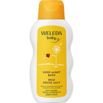 200ml orange bottle of Weleda Calendula Good Night Bath Baby with a white flip-top cap and a floral label.