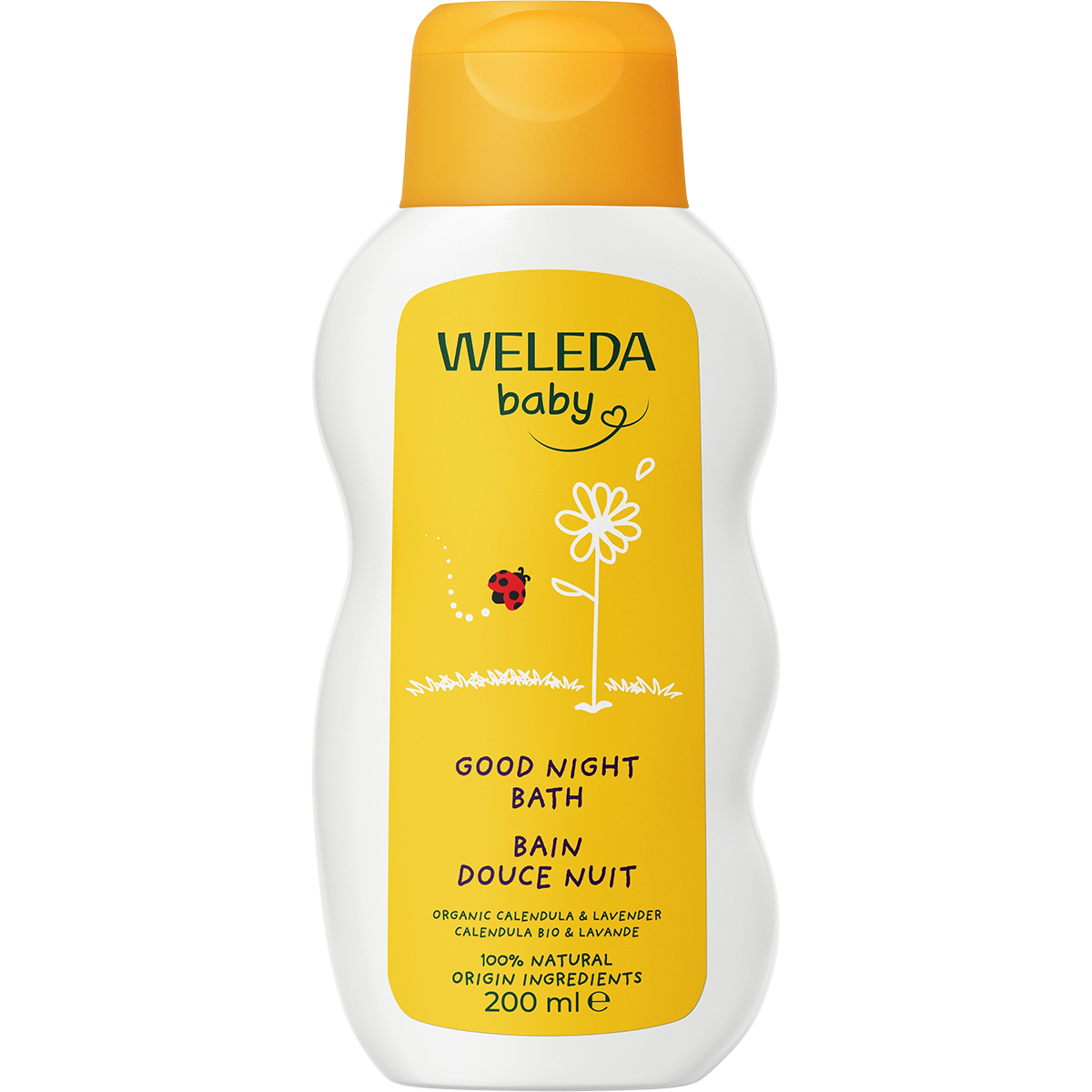 200ml orange bottle of Weleda Calendula Good Night Bath Baby with a white flip-top cap and a floral label.