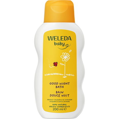 200ml orange bottle of Weleda Calendula Good Night Bath Baby with a white flip-top cap and a floral label.