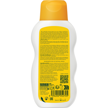 Back of orange Weleda baby bath bottle showing detailed product information, ingredients list, and barcode.