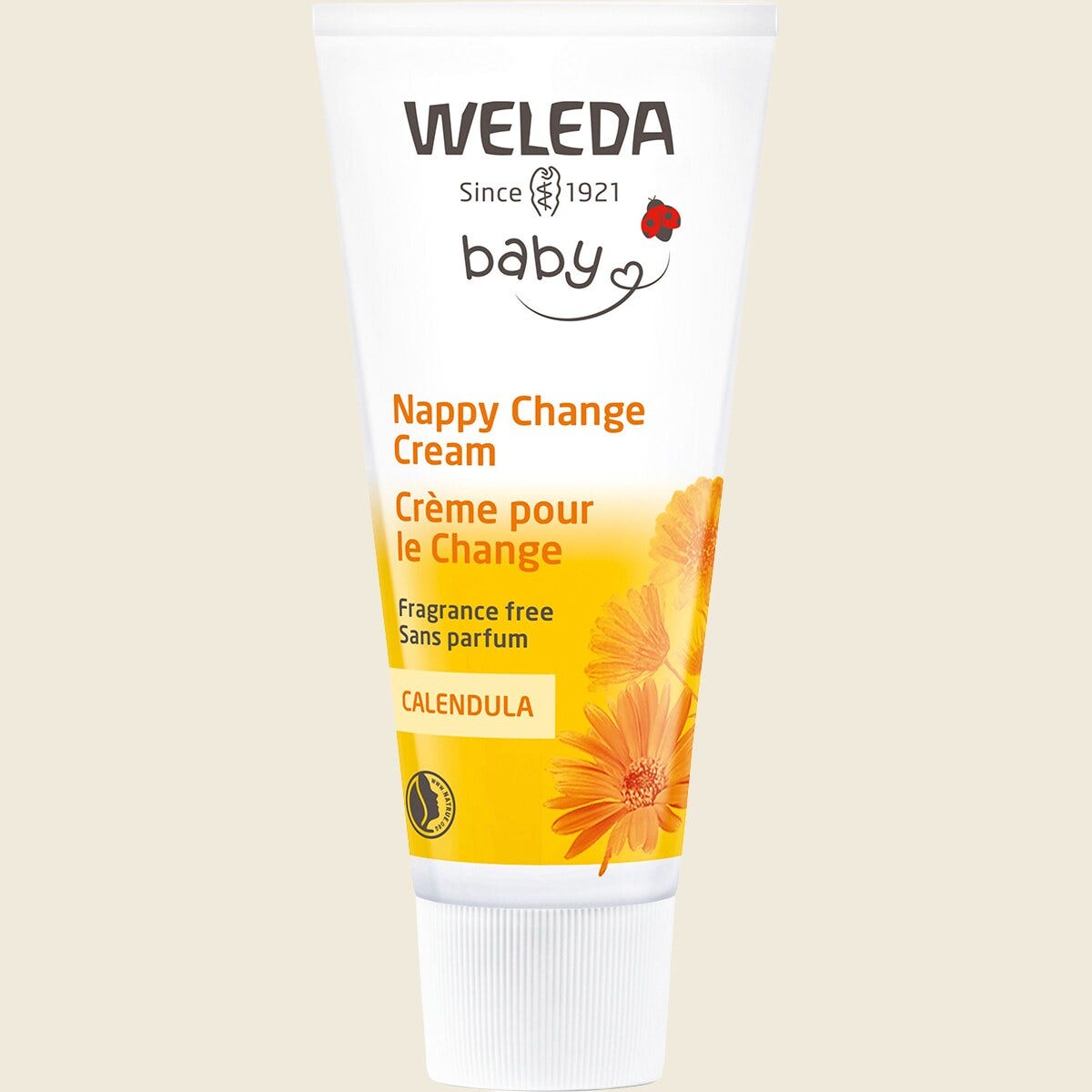 Fragrance-free 75ml tube of Weleda Baby Calendula Nappy Change Cream for sensitive skin.