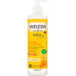 400ml tube of Weleda Baby Calendula Shampoo and Body Wash with a orange flip-top lid and floral illustrations.