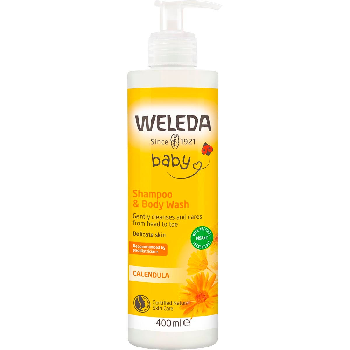 400ml tube of Weleda Baby Calendula Shampoo and Body Wash with a orange flip-top lid and floral illustrations.