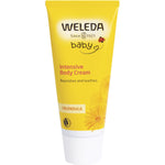75ml tube of Weleda Baby Calendula Body Cream featuring orange flower illustrations on a white background.