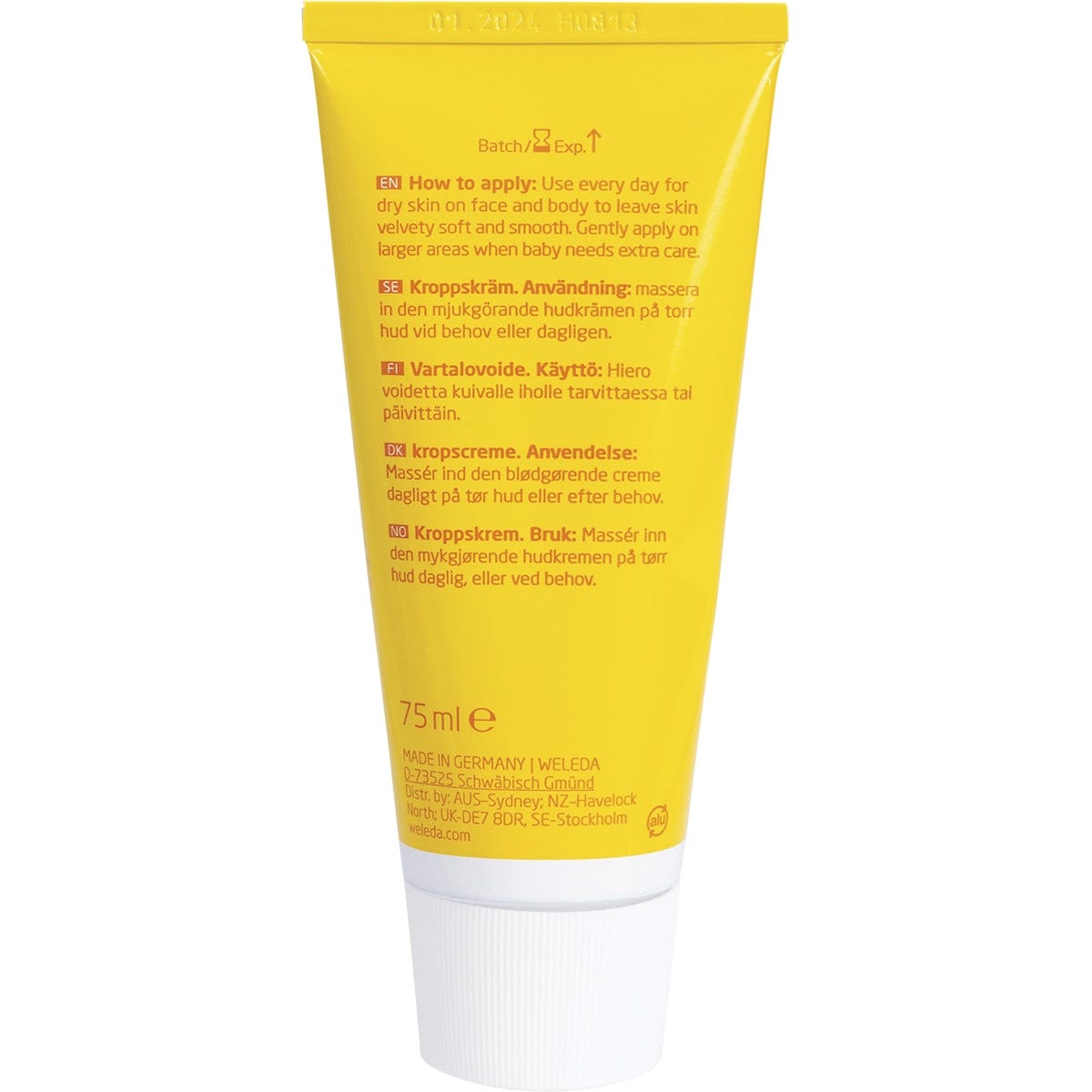 Back of Weleda Baby Calendula Body Cream 75ml tube with product description, ingredients, and usage instructions.