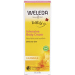 Front of the Weleda Baby Calendula Body Cream box with orange flower illustrations on a white background.