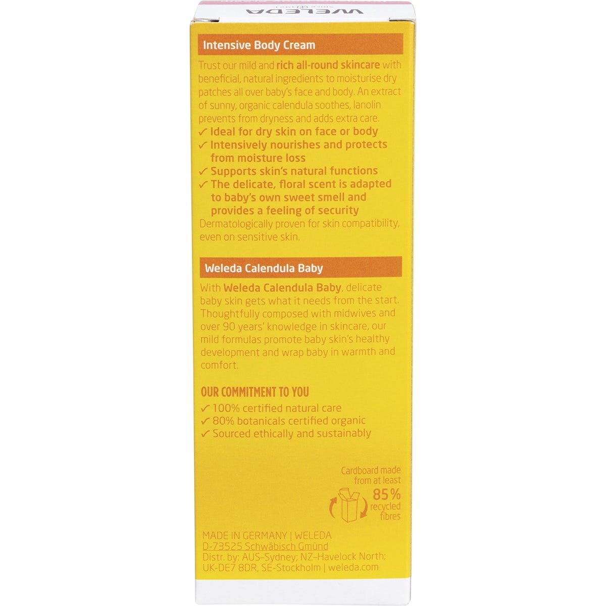 Back of Weleda Baby Calendula Body Cream box showing product benefits, ingredients, and directions for use.