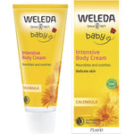 Weleda Baby Calendula Body Cream 75ml tube and product box featuring orange flowers on a white background.