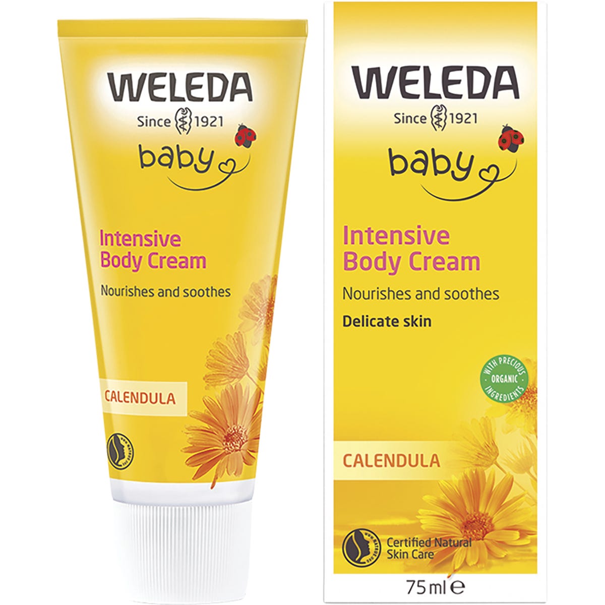 Weleda Baby Calendula Body Cream 75ml tube and product box featuring orange flowers on a white background.