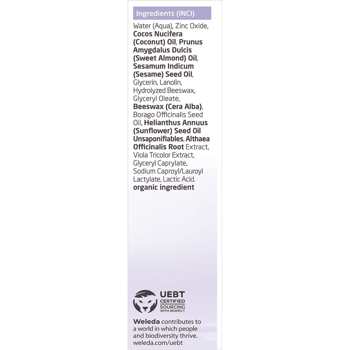 Right side of a Weleda White Mallow Nappy Change Cream box showing ingredients and UEBT Sourcing with Respect logo.
