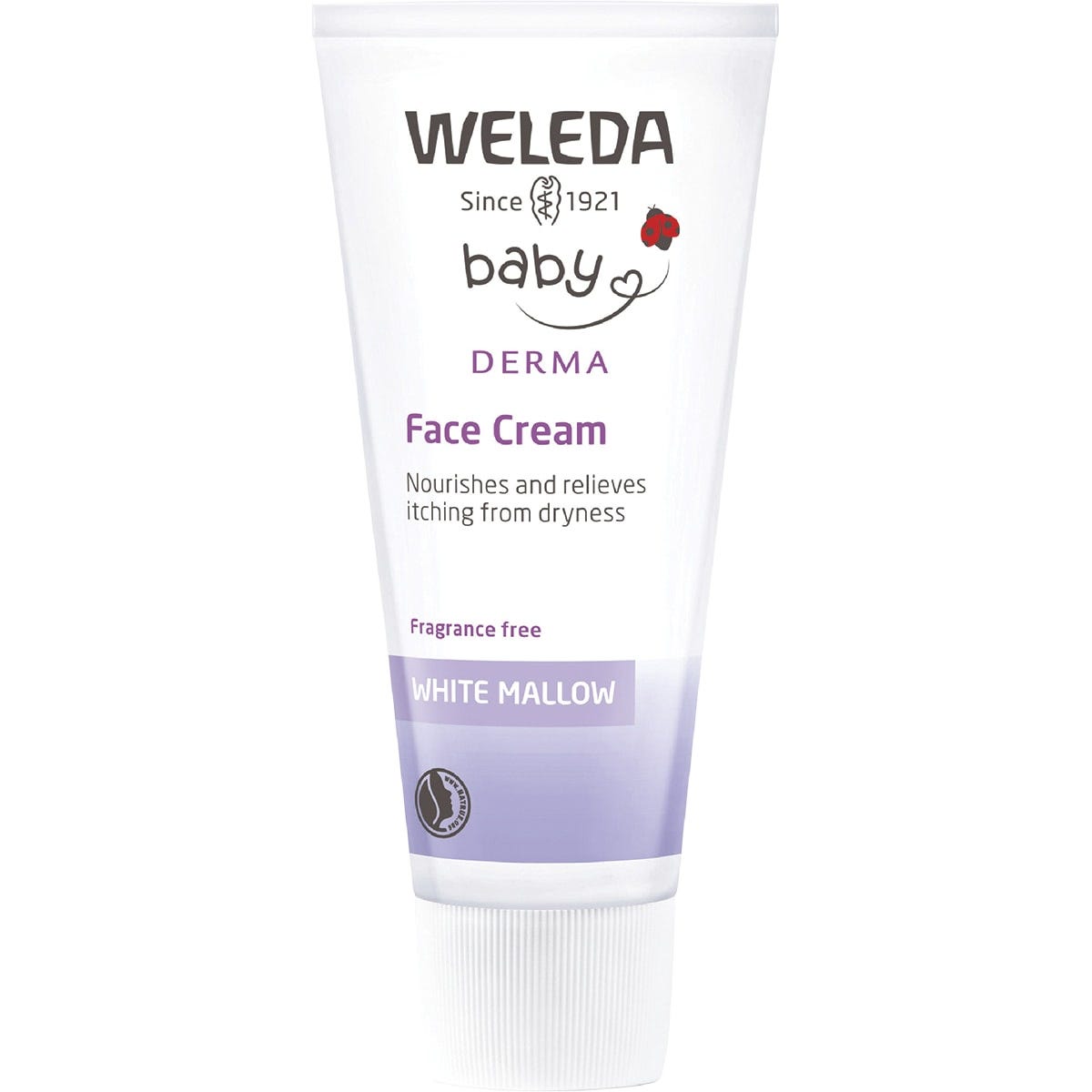 50ml tube of Weleda Baby Derma White Mallow Face Cream for sensitive skin on a white background.