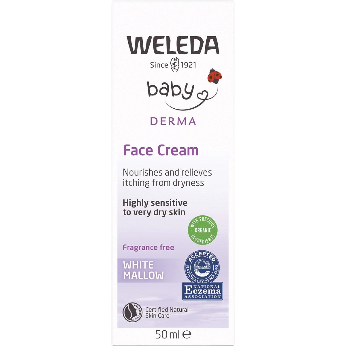 White Mallow Face Cream 50ml box with purple and white floral design and National Eczema Association logo.