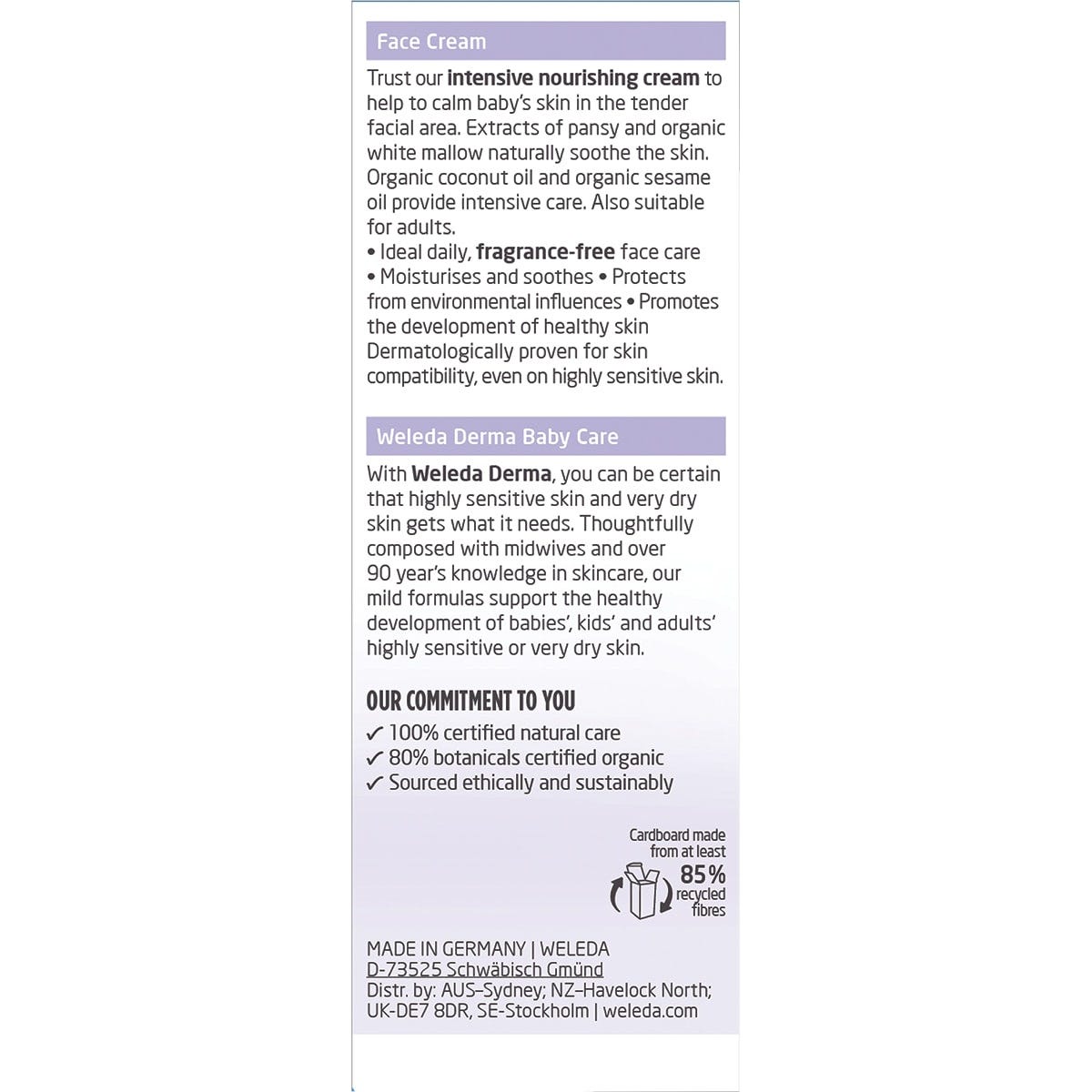 Back of Weleda White Mallow Face Cream box with ingredients, directions, and the National Eczema Association seal.