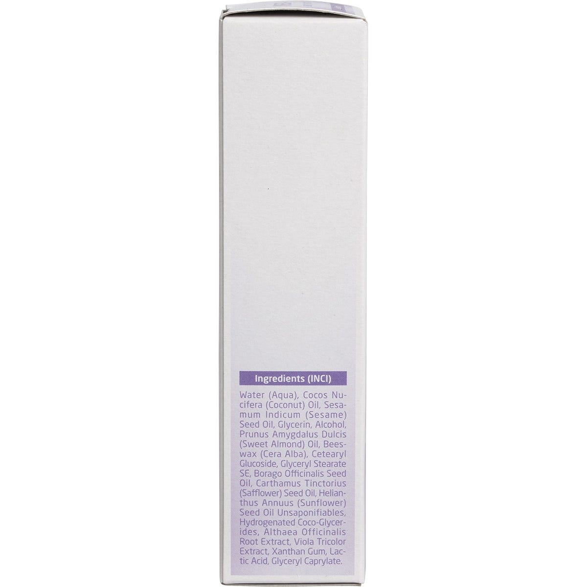 Left side of a 50ml Weleda White Mallow Face Cream box showing product benefits and natural certifications.