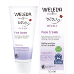 50ml tube and box of Weleda Baby Derma White Mallow Face Cream, fragrance-free for sensitive skin.