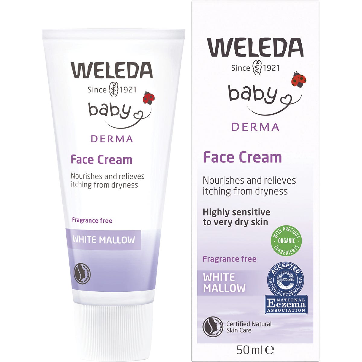 50ml tube and box of Weleda Baby Derma White Mallow Face Cream, fragrance-free for sensitive skin.