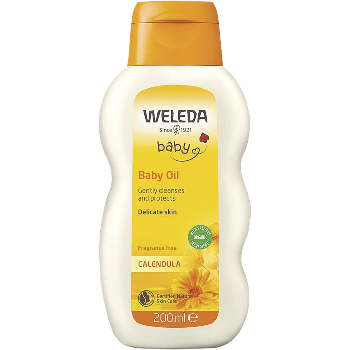 200ml bottle of Weleda Calendula Fragrance Free Baby Oil with organic sesame oil and calendula extract.