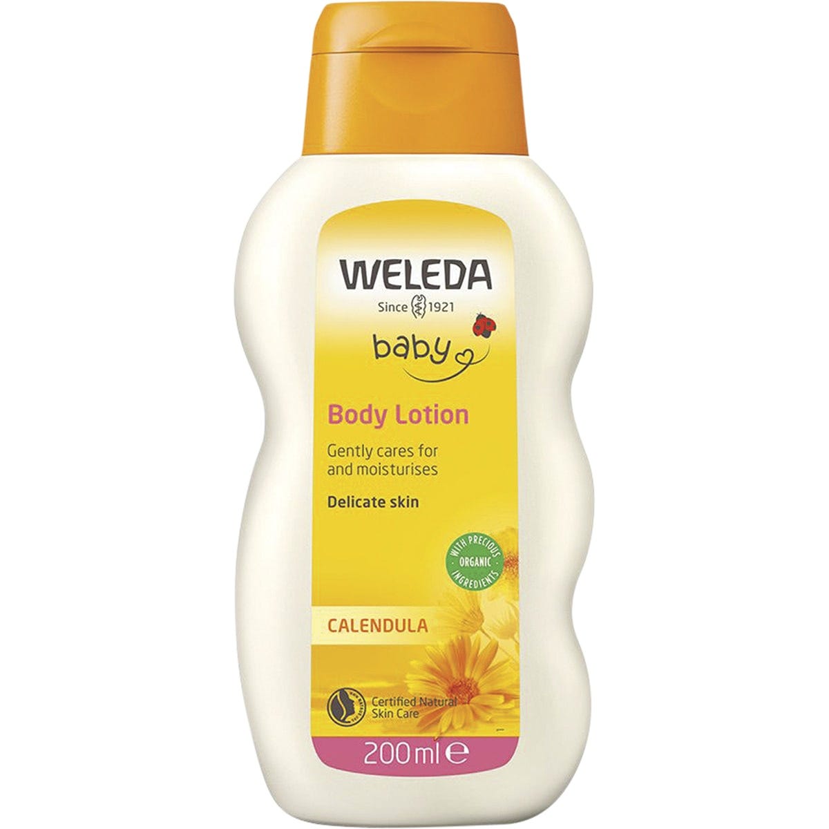 Weleda Calendula Baby Body Lotion 200ml bottle with a white flip-top cap and yellow label featuring a marigold flower.