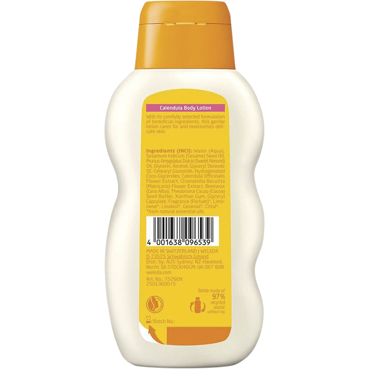 Back of Weleda Calendula Baby Body Lotion 200ml bottle with ingredients, usage, and product details.