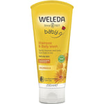 200ml tube of Weleda Calendula Shampoo and Body Wash for babies featuring a yellow flower on a white background.