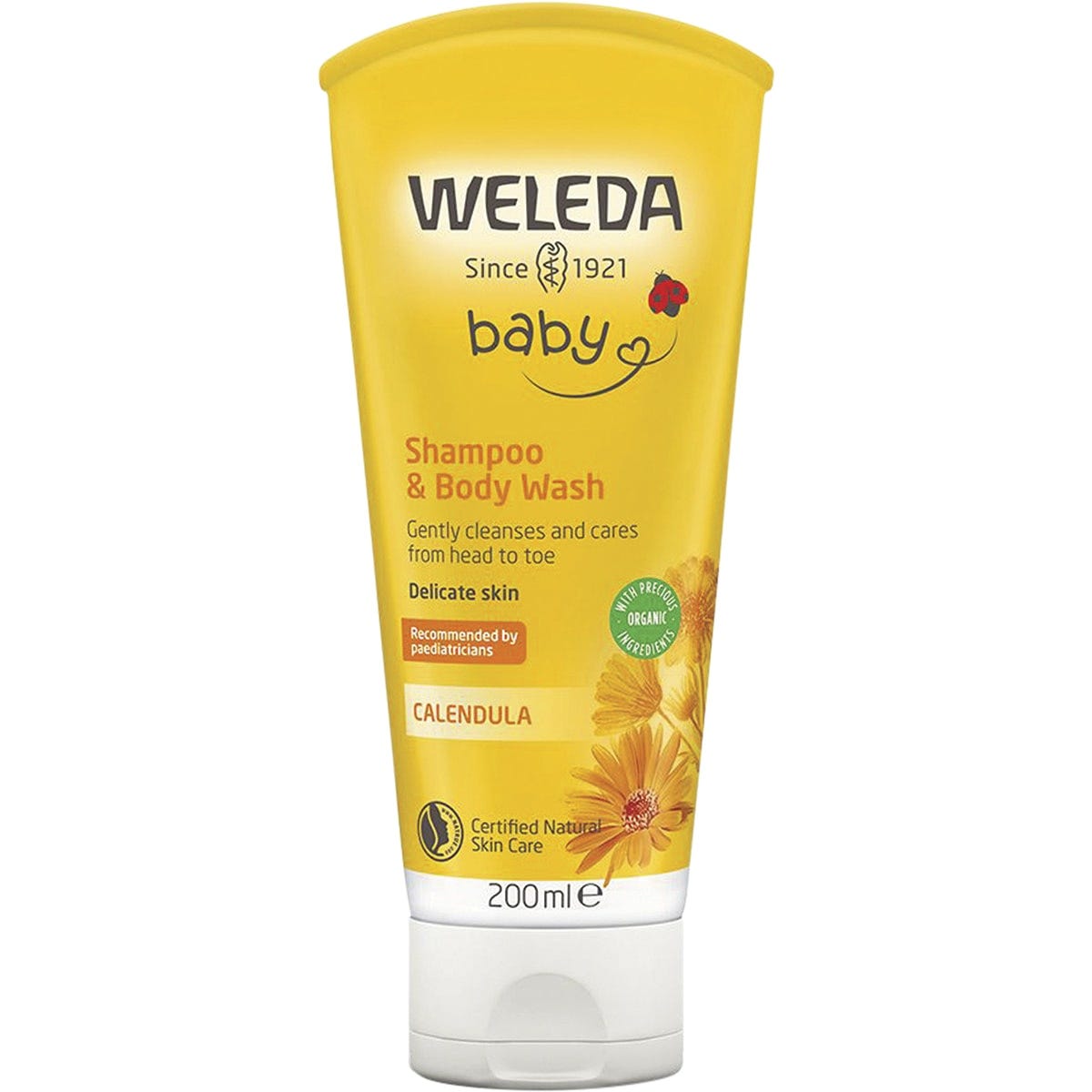 200ml tube of Weleda Calendula Shampoo and Body Wash for babies featuring a yellow flower on a white background.