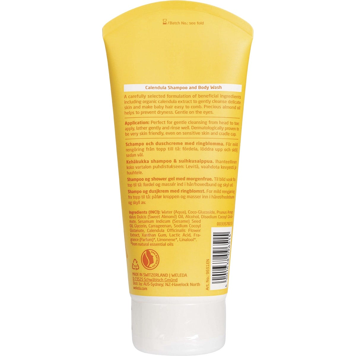 Back of Weleda Calendula Baby Shampoo & Body Wash tube with ingredients and product information.