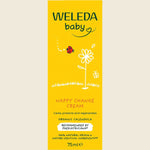Weleda baby nappy change cream packaging with yellow background and white text.