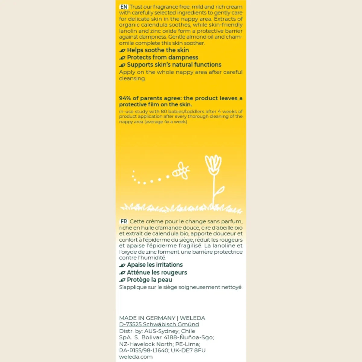 Product label with text on a yellow background