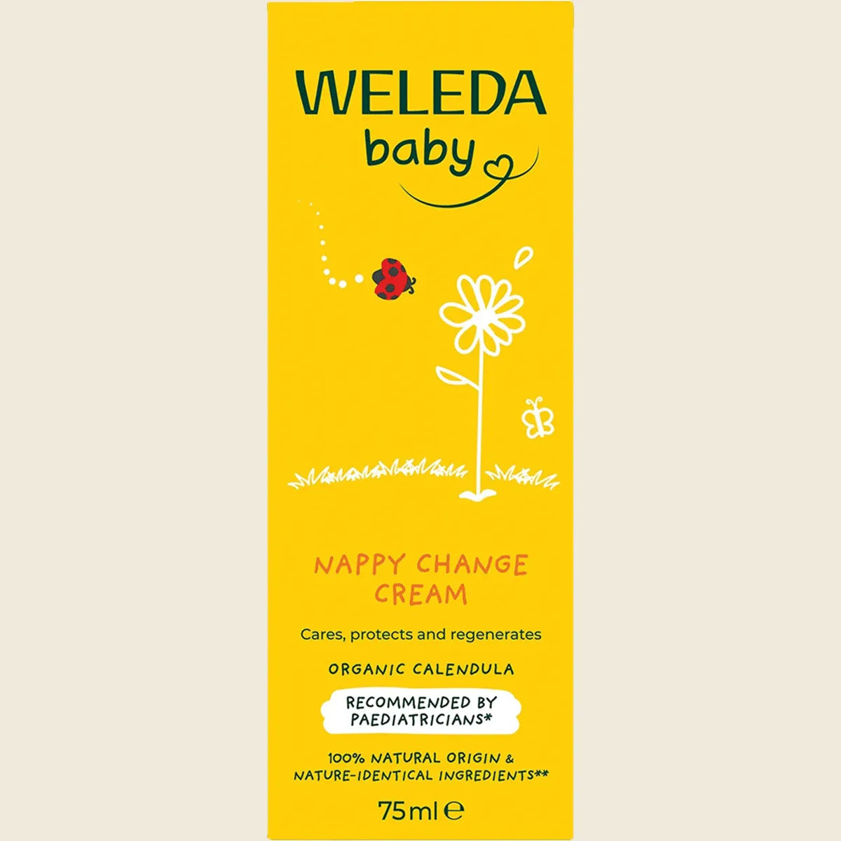 Weleda baby nappy change cream packaging with yellow background and white text.