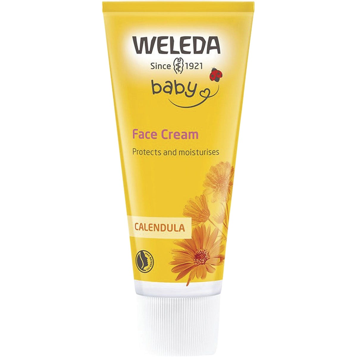 50ml tube of Weleda Baby Calendula Face Cream with organic ingredients for gentle skin hydration.