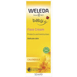 Side view of a white and orange Weleda Baby Calendula Face Cream box showing product details and organic certification.