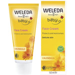 Weleda Baby Calendula Face Cream 50ml tube and box featuring organic ingredients for gentle skin hydration.