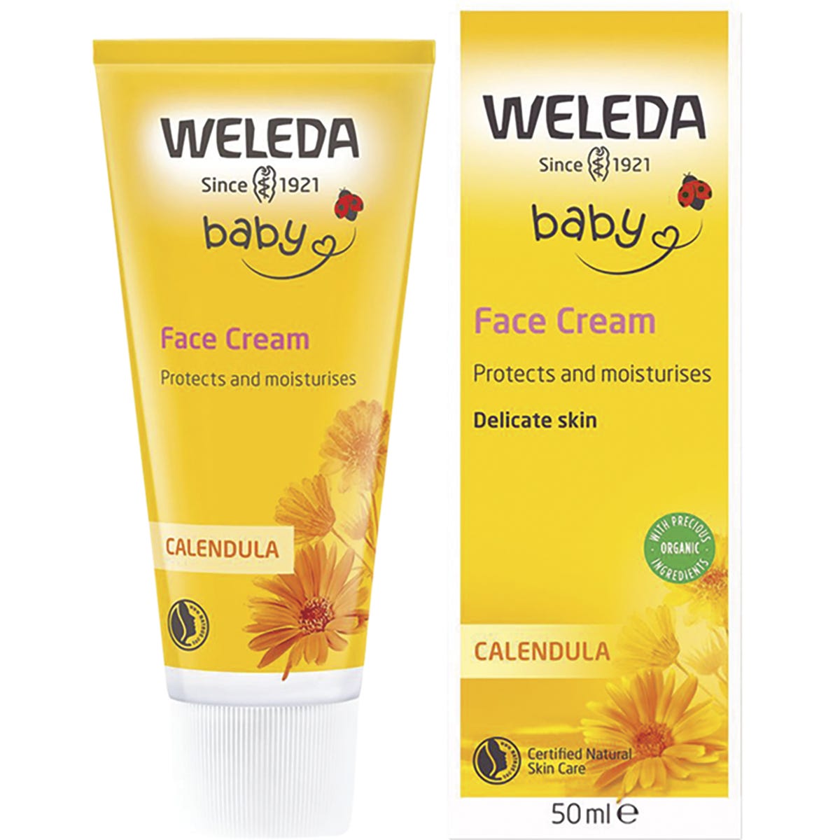Weleda Baby Calendula Face Cream 50ml tube and box featuring organic ingredients for gentle skin hydration.