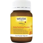 60g bottle of Weleda Baby Teething Powder, a homeopathic oral powder for relieving baby teething discomfort.