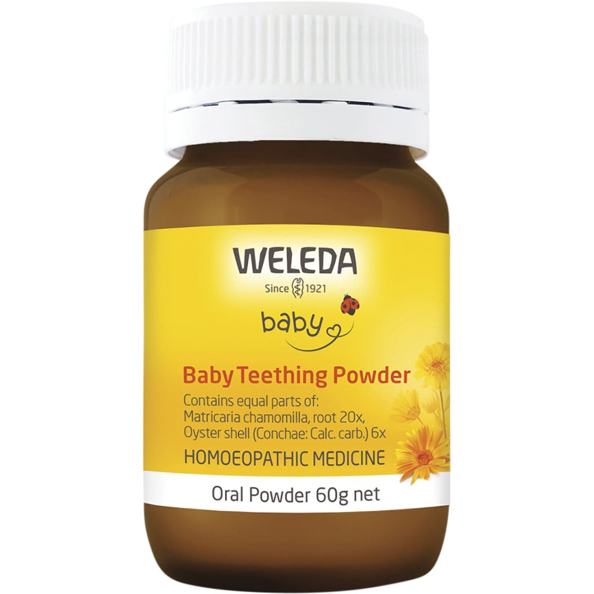 60g bottle of Weleda Baby Teething Powder, a homeopathic oral powder for relieving baby teething discomfort.