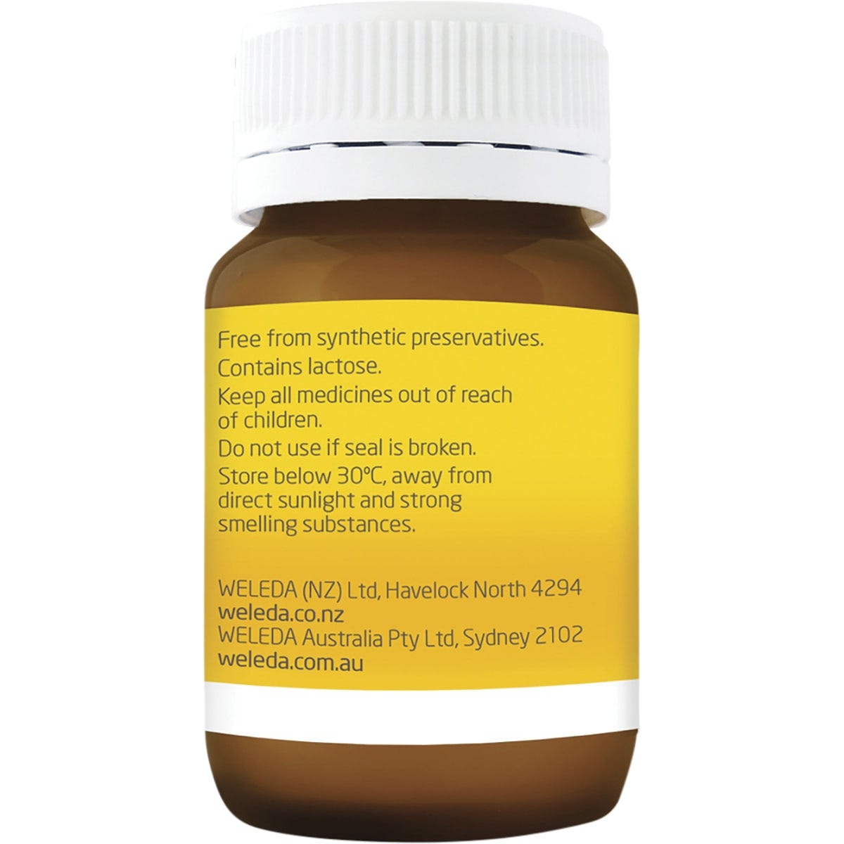 Left side of Weleda Baby Teething Oral Powder 60g bottle showing directions for use and dosage instructions.
