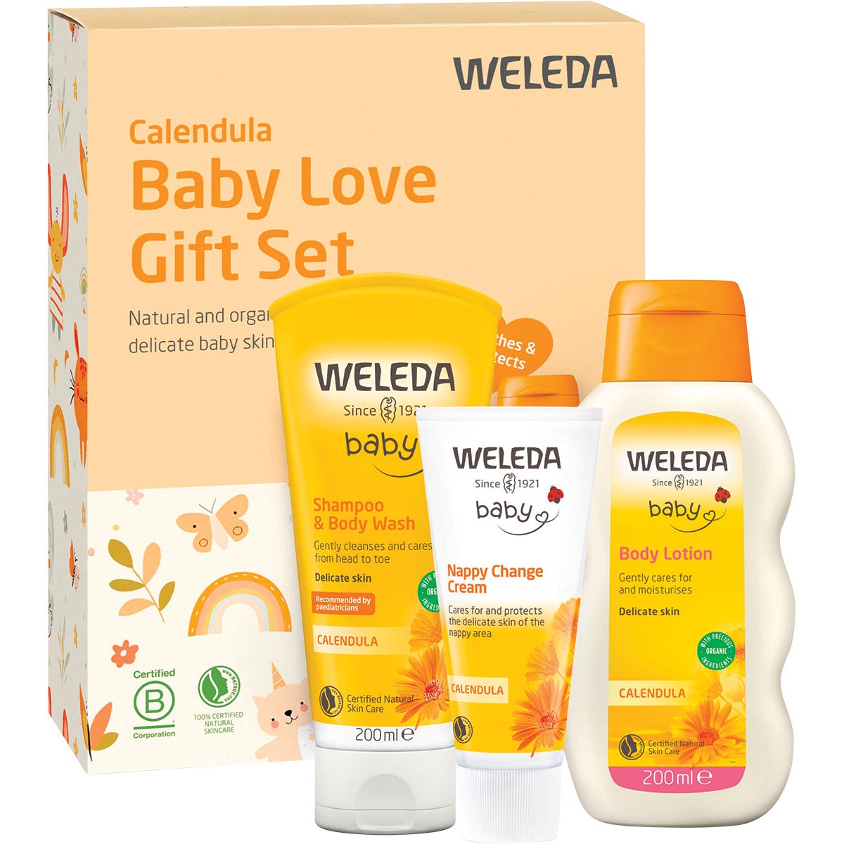 Weleda Calendula Baby Care Gift Pack featuring shampoo, body wash, nappy change cream, and body lotion in a yellow box.