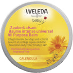 Compact 25g round yellow tin of Weleda Baby Calendula All Purpose Balm on a white background.