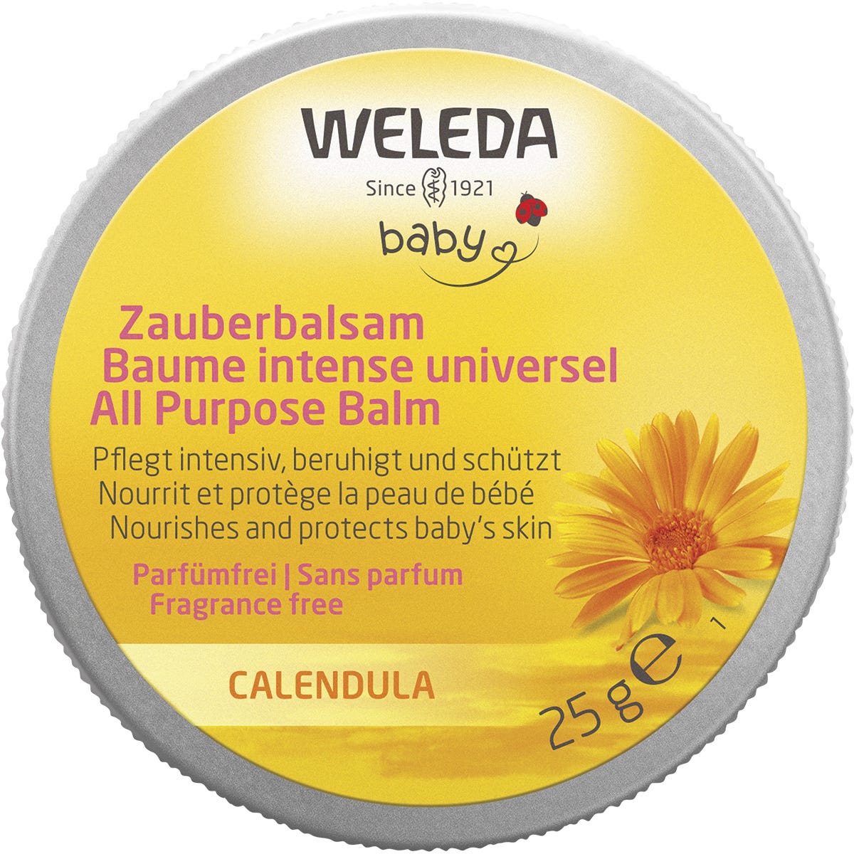 Compact 25g round yellow tin of Weleda Baby Calendula All Purpose Balm on a white background.
