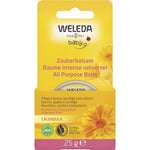 Yellow cardboard box for Weleda Baby Calendula All Purpose Balm 25g featuring floral illustrations and product benefits.