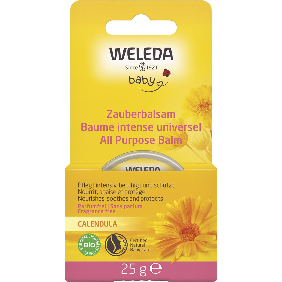 Yellow cardboard box for Weleda Baby Calendula All Purpose Balm 25g featuring floral illustrations and product benefits.