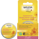 Weleda Baby Calendula All Purpose Balm 25g tin and box, featuring organic ingredients for dry skin and lip care.