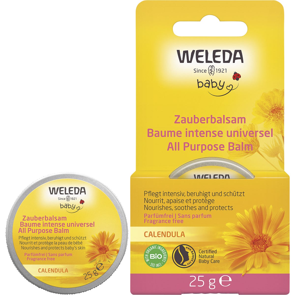 Weleda Baby Calendula All Purpose Balm 25g tin and box, featuring organic ingredients for dry skin and lip care.
