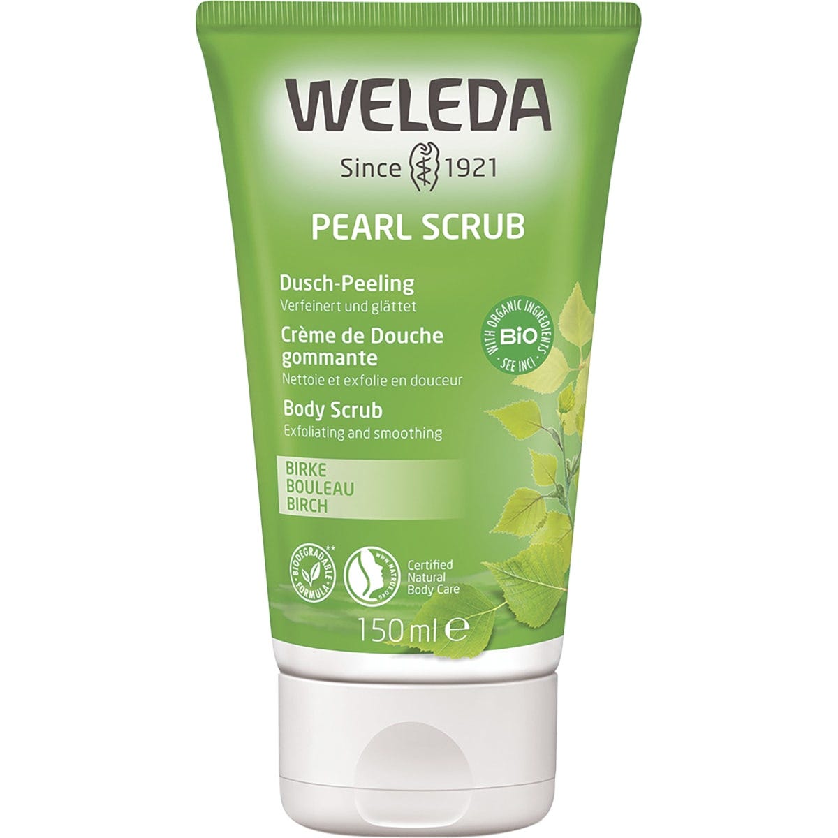 150ml tube of Weleda Pearl Body Scrub Birch with silver and green packaging on a white background.