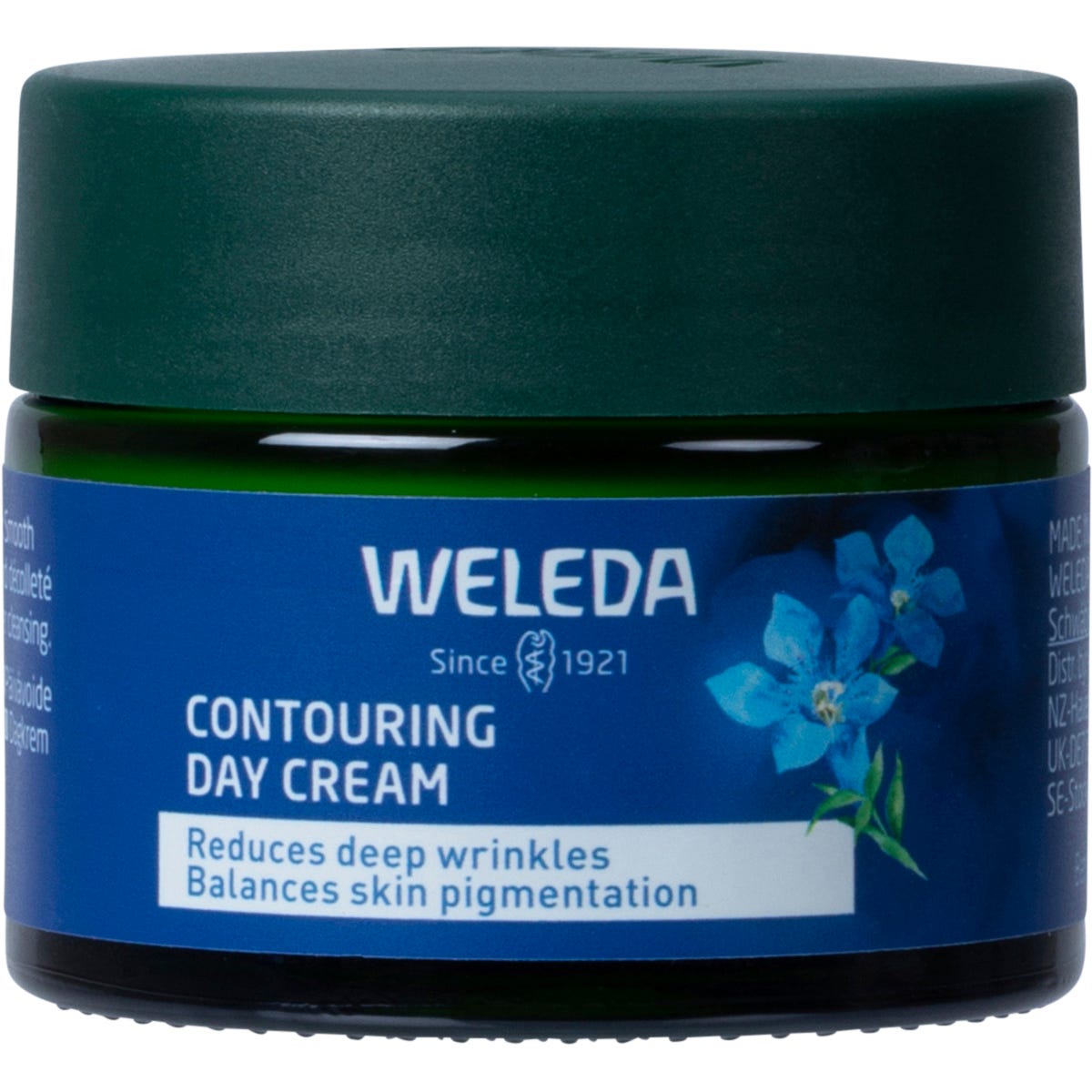 40ml tube of Weleda Contouring Day Cream with blue gentian and edelweiss illustrations on a white background.