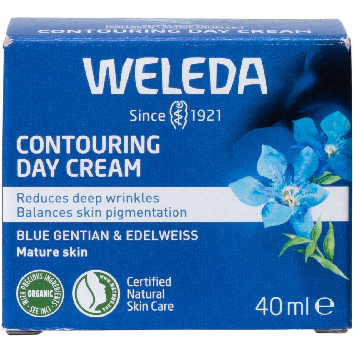 Blue and white box for Weleda Contouring Day Cream featuring floral illustrations and 40ml product size.