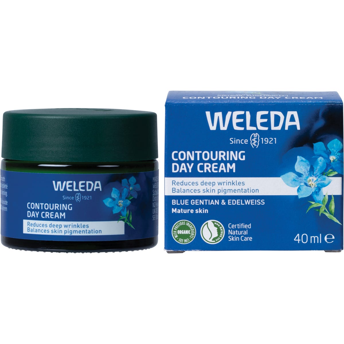 Weleda Contouring Day Cream 40ml tube and box with blue gentian and edelweiss illustrations on a white background.