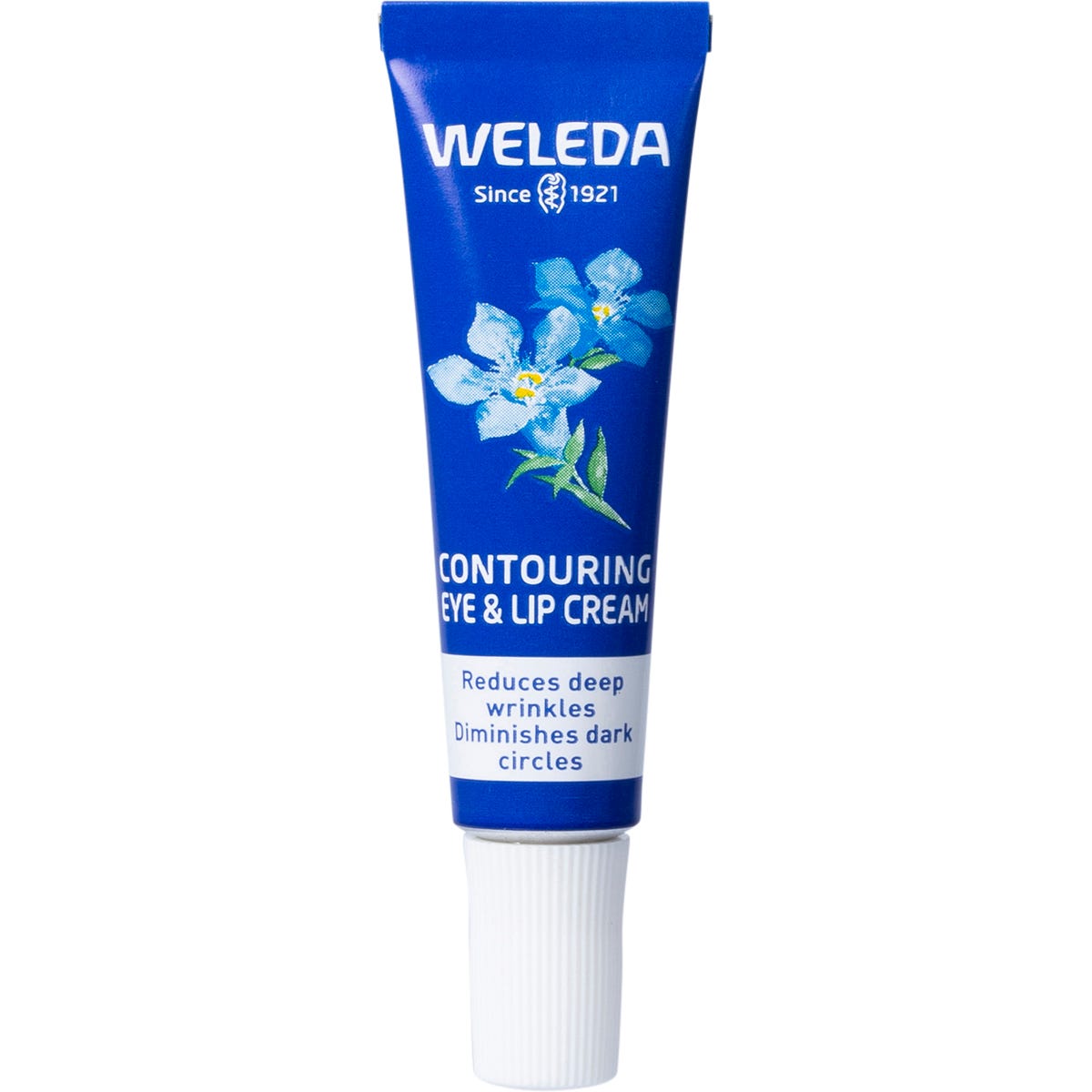 10ml tube of Weleda Contouring Eye and Lip Cream featuring blue gentian and edelweiss on a white background.